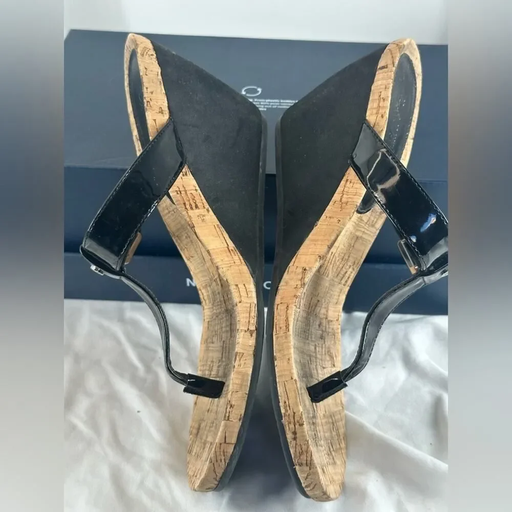 Ralph Lauren Black Women's Roseanne T-Strap Sandals Cork Patent Leather Size 8